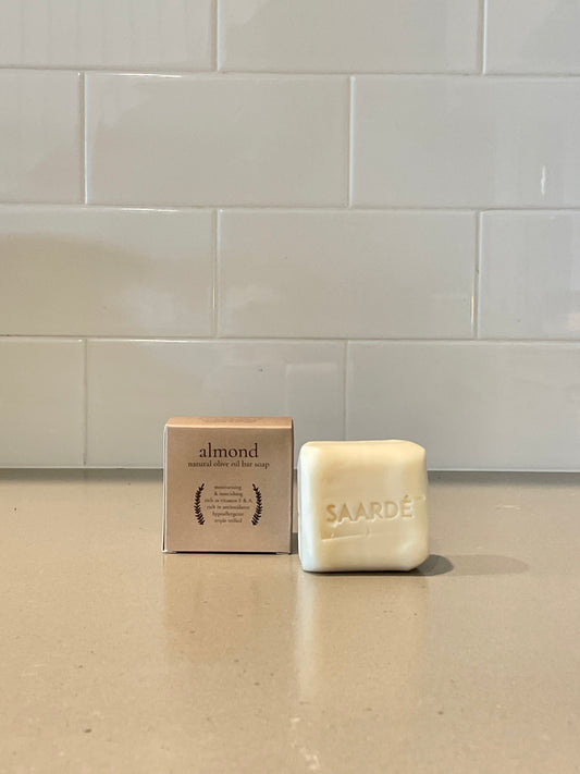 Lovinlife Co ByronBay – Saarde Almond Olive Oil Bar Soap – Almond Extract Perfume –pictured on stone bench with box - available at LOVINLIFE Co Byron Bay for all your gifts, candles and interior decorating needs