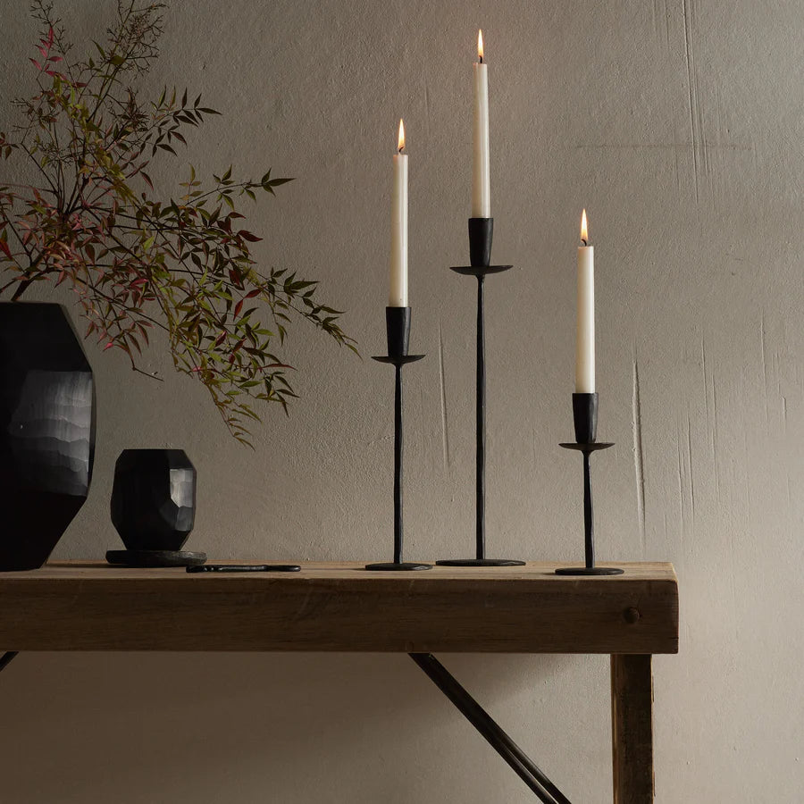 Atelier Black Iron Candle Stands x 3 with white pillar candles on wooden hall table - available at LOVINLIFE Co Byron Bay for all your gifts, candles and interior decorating needs