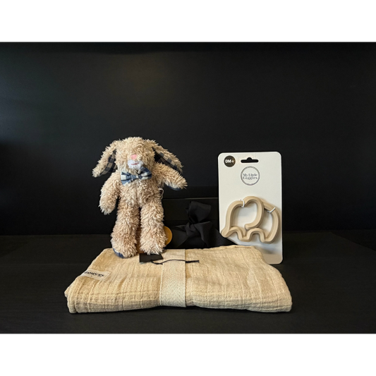 Baby Gift Box containing Stuffed Soft Toy Rabbit, Nutmeg coloured Muslin Baby Wrap and an Elephant shaped Silicone Teether. Available at LOVINLIFE Co Byron Bay