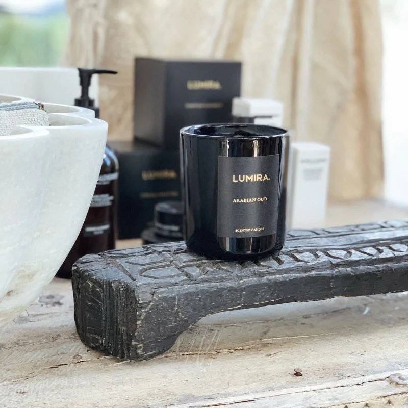 Barefoot Gypsy -Vintage Carved Indian Wooden Bajot Tray - Black - pictured with candles and other decor - Stocked at LOVINLIFE Co Byron Bay for all your gifts, candles and interior decorating needs