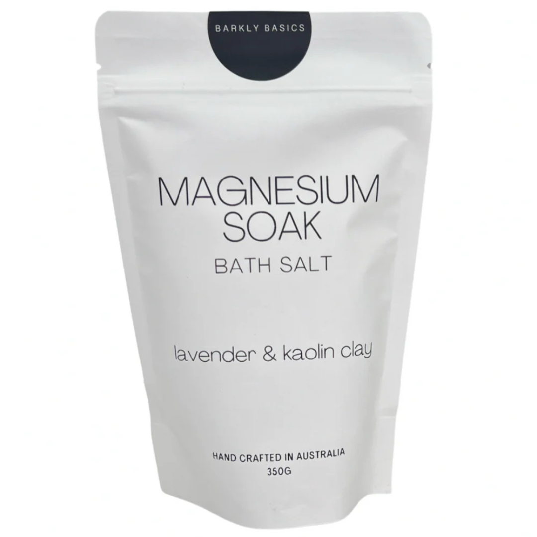 Bath salt package labelled 'Magnesium Soak' with 'Barkly Basics' branding on a white background. Available at LOVINLIFE Co Byron Bay for all your gifts, candles and interior decorating needs