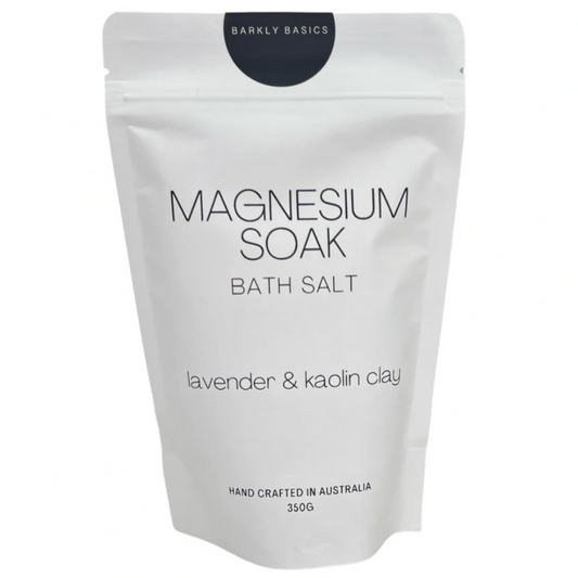 Bath salt package labelled 'Magnesium Soak' with 'Barkly Basics' branding on a white background. Available at LOVINLIFE Co Byron Bay for all your gifts, candles and interior decorating needs