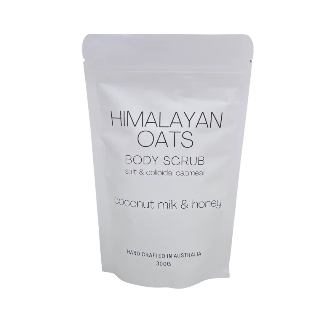 Barkly Basics Himalayan Oats body scrub (coconut milk and honey) packaging on a white background. Available at LOVINLIFE Co Byron Bay for all your gifts, candles and interior decorating needs