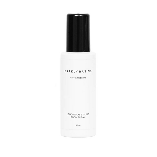 Bottle of Barkly Basics Lemongrass & Lime room spray on a white backgroundDiffuser with black sticks and white base labelled 'Barkly Basics' on a white background. Available at LOVINLIFE Co Byron Bay for all your gifts, candles and interior decorating needs