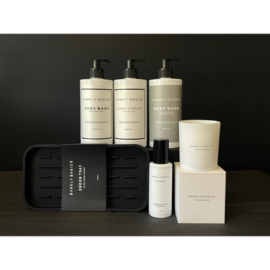 Bathroom Basics Deluxe Gift Box containing Body Wash, Hand Wash, Hand Creme, Room Spray, Candle and Silicone Tray. Available at LOVINLIFE Co Byron Bay