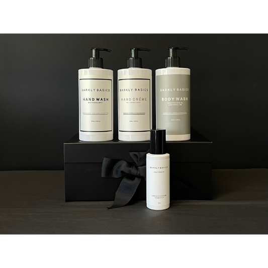 Bathroom Basics Gift Box containing Body Wash, Hand Wash, Hand Creme and Room Spray. Available at LOVINLIFE Co Byron Bay