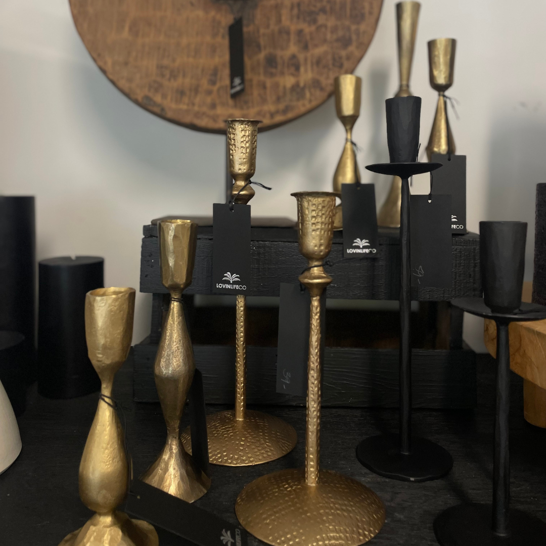 Atelier Black Iron Candle Stands displayed with various Brass Candle Stands - available at LOVINLIFE Co Byron Bay for all your gifts, candles and interior decorating needs