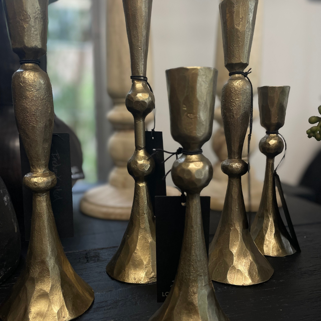 Enchant Brass Candle Stands on display at LOVINLIFE Co Byron Bay for all your gifts, candles and interior decorating needs