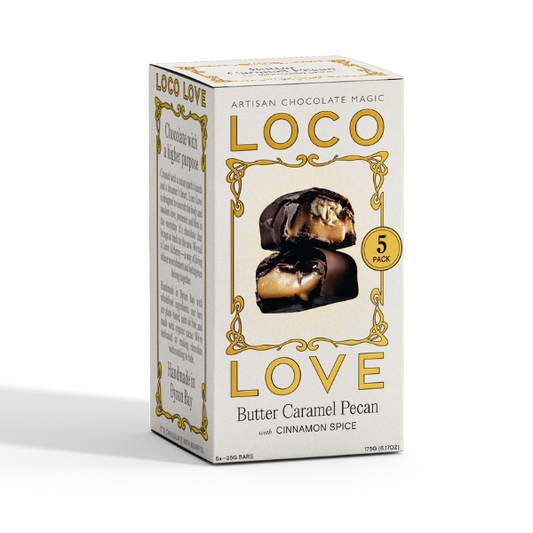Beige box of Loco Love Butter Caramel Pecan with Cinnamon Spice chocolate bars. 5 Pack. Vegan, gluten-free, sustainably sourced and no refined sugars. Each box contains 2 x chocolates.
Available LOVINLIFE Co Byron Bay.