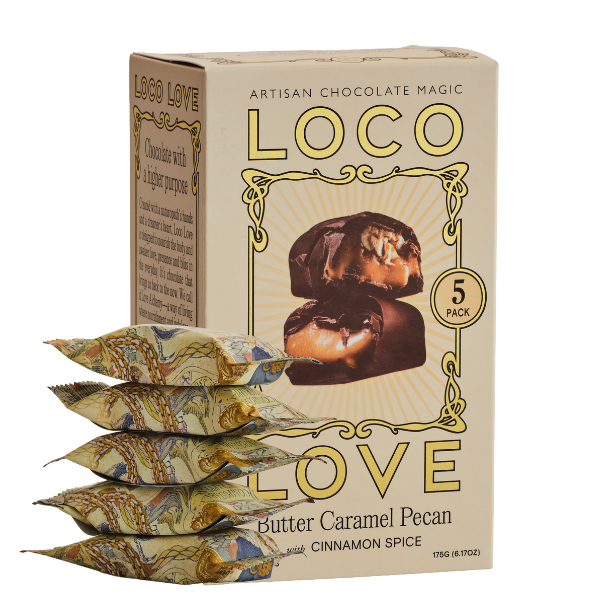 5 Pack, Beige box of Loco Love Butter Caramel Pecan with Cinnamon Spice chocolate bars, next to stack of 5 chocolates. Vegan, gluten-free, sustainably sourced and no refined sugars. Each box contains 2 x chocolates.
Available LOVINLIFE Co Byron Bay.