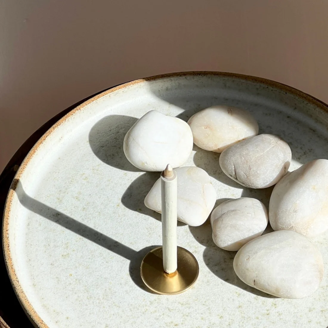 Candle Kiosk Ritual Candle Set - 5 x 40 Min Mindfulness candles - meditation candle pictured on brass stand with rocks - Stocked at LOVINLIFE Co Byron Bay for all your gifts, candles and interior decorating needs