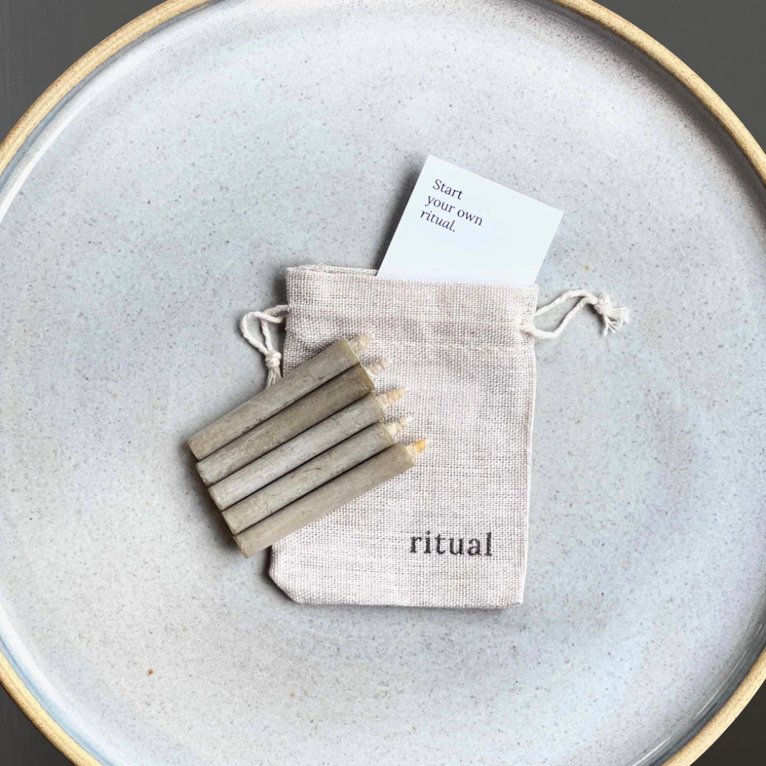 Candle Kiosk Ritual Candle Set - 5 x 20 Min Mindfulness candles flat lay on ceramic plate - Stocked at LOVINLIFE Co Byron Bay for all your gifts, candles and interior decorating needs