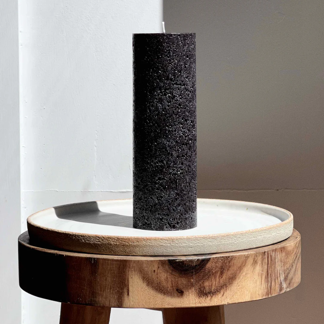Candle Kiosk All Natural solid black textured pillar candle - Large - Fragrance Free, Smoke Free, Drip Free - New Size - Unscented - Stocked at LOVINLIFE Co Byron Bay for all your gifts, candles and interior decorating needs