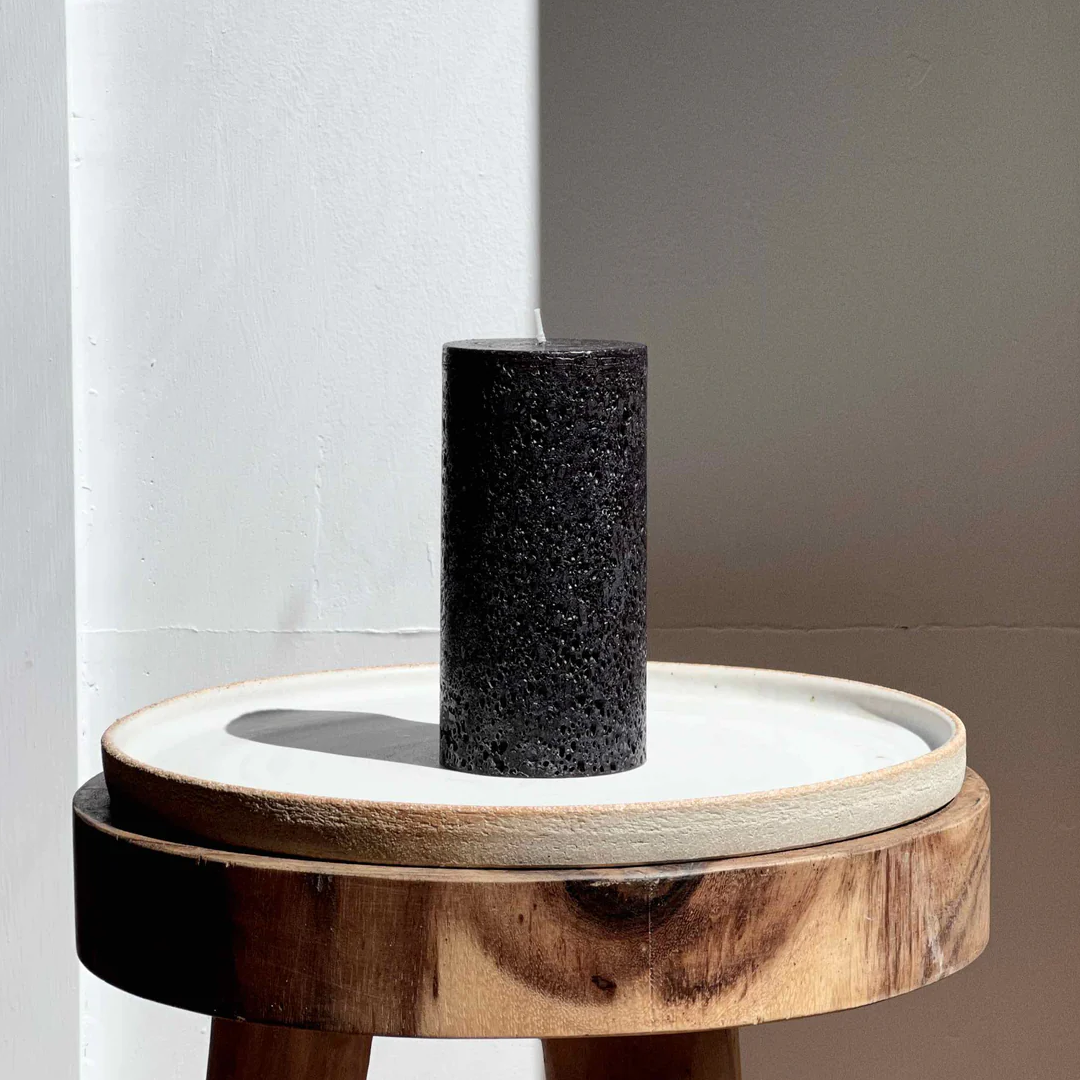 Candle Kiosk All Natural solid black textured pillar candle - Medium - Fragrance Free, Smoke Free, Drip Free - New Size - Unscented - Stocked at LOVINLIFE Co Byron Bay for all your gifts, candles and interior decorating needs