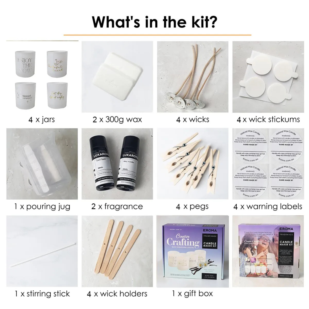 Candle Making Kit - Gratitude white with Silver by Eroma - kit contents - Stocked at LOVINLIFE Co Byron Bay for all your gifts, candles and interior decorating needs