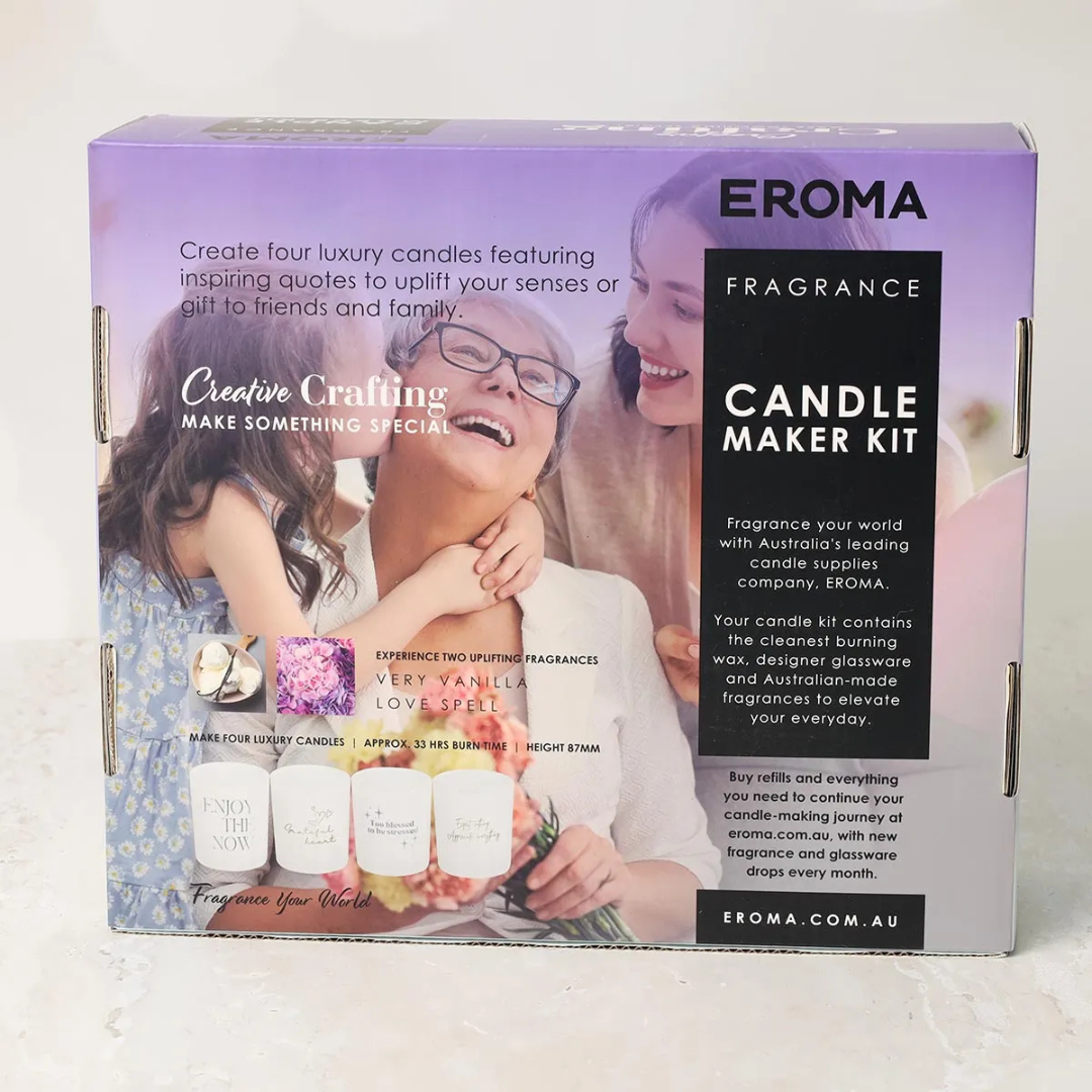 Candle Making Kit - Gratitude white with Silver by Eroma - back of kit box pictured - Stocked at LOVINLIFE Co Byron Bay for all your gifts, candles and interior decorating needs