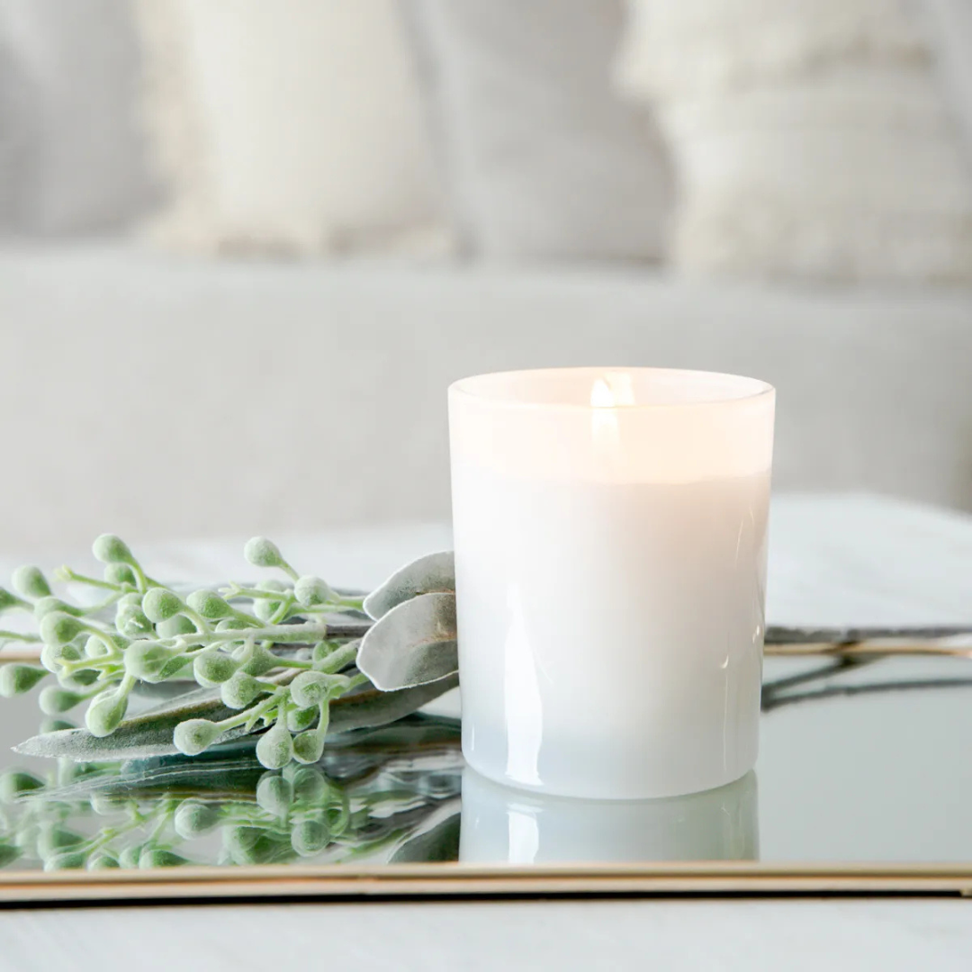 Candle Making Kit - Plain White by Eroma - picture of an alight candle - Stocked at LOVINLIFE Co Byron Bay for all your gifts, candles and interior decorating needs