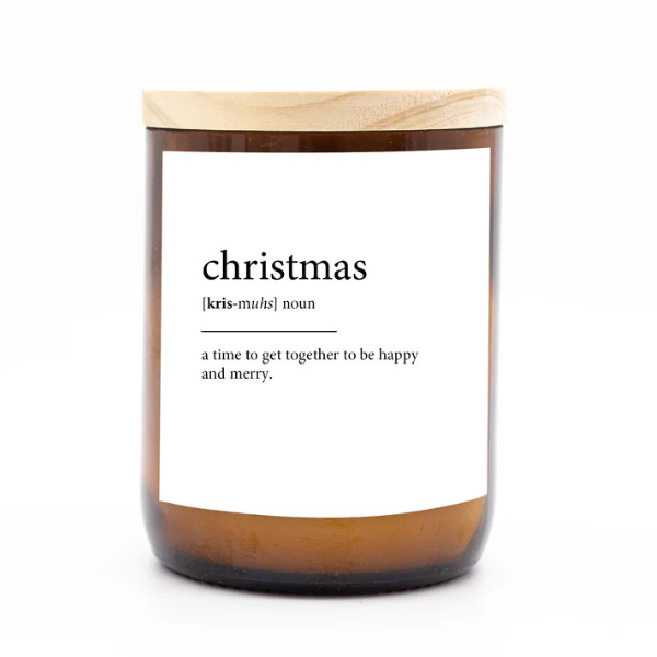 Candle with a white label featuring the definition of 'Christmas' on a white background. These Dictionary Meaning Candles are some of our most loved products. We have spent an abundance of time, curating our own meanings of the words to help you feel connected, to help you tell someone how you feel in a unique way. Available at LOVINLIFE Co Byron Bay