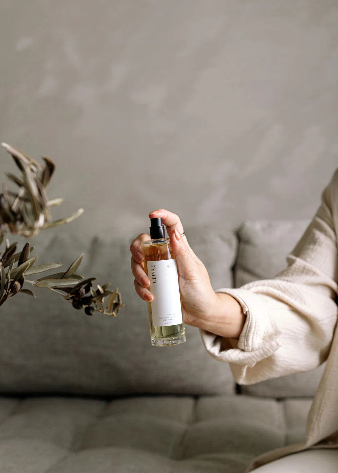 Cedar & Myrrh -Parfum D'Interieur - Room Spray - Cedre - being sprayed - Stocked at LOVINLIFE Co Byron Bay for all your gifts, candles and interior decorating needs