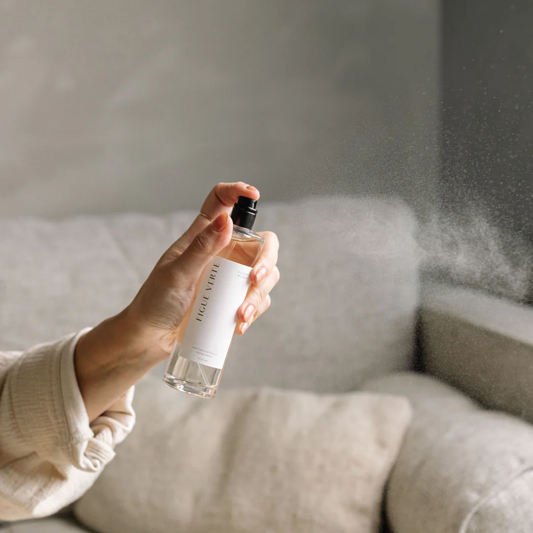 Cedar & Myrrh - Parfum D'Interieur - Room Spray - Figue Verte - being sprayed into room - Stocked at LOVINLIFE Co Byron Bay for all your gifts, candles and interior decorating needs