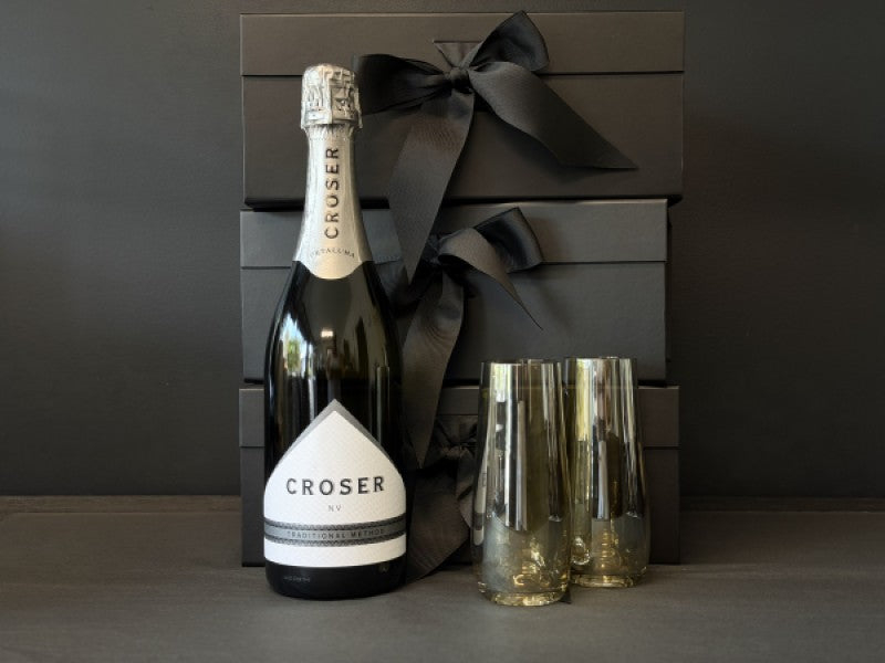 Celebrate Gift Box containing Croser Sparkling Wine, 2 stemless Champagne flutes gilded with lustre bronze and a twin box of Loco Love Chocolates. Available at LOVINLIFE Co Byron Bay