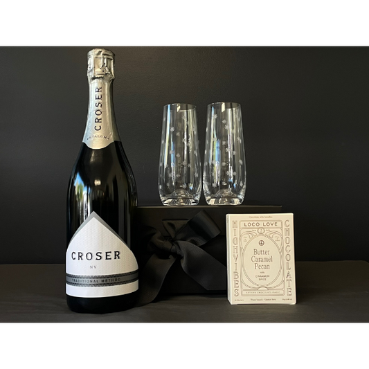 Celebrate Gift Box containing Croser Sparkling Wine, 2 stemless Champagne flutes etched with Stars and a twin box of Loco Love Chocolates. Available at LOVINLIFE Co Byron Bay