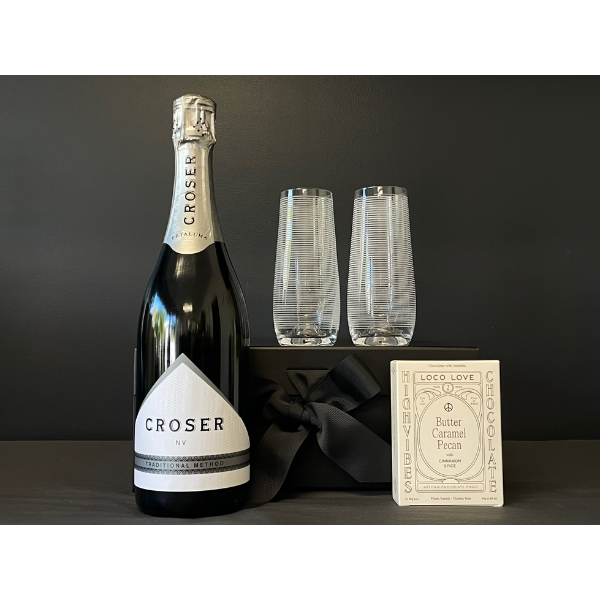 Celebrate Gift Box containing Croser Sparkling Wine, 2 stemless Champagne flutes etched with lines and a twin box of Loco Love Chocolates. Available at LOVINLIFE Co Byron Bay