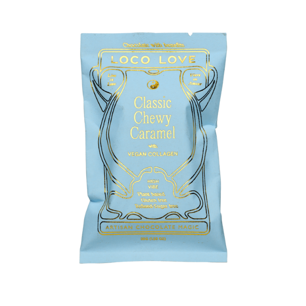 Sky Blue packaging of Loco Love Classic Chewy Caramel Chocolates. Vegan, gluten-free, sustainably sourced and no refined sugars. 
Available LOVINLIFE Co Byron Bay.