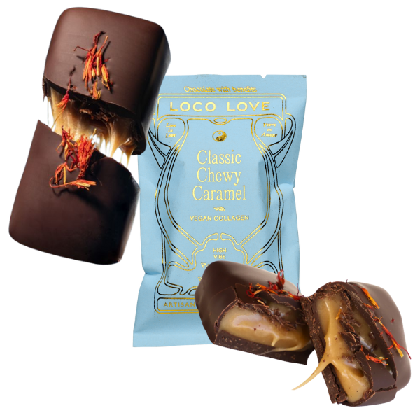 Images shows unwrapped and wrapped (blue) Loco Love Classic Chewy Caramel Chocolates. Vegan, gluten-free, sustainably sourced and no refined sugars. 
Available LOVINLIFE Co Byron Bay.