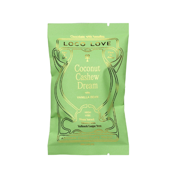 Green packaging of Loco Love Coconut Cashew Dream Chocolates. Vegan, gluten-free, sustainably sourced and no refined sugars. 
Available LOVINLIFE Co Byron Bay.