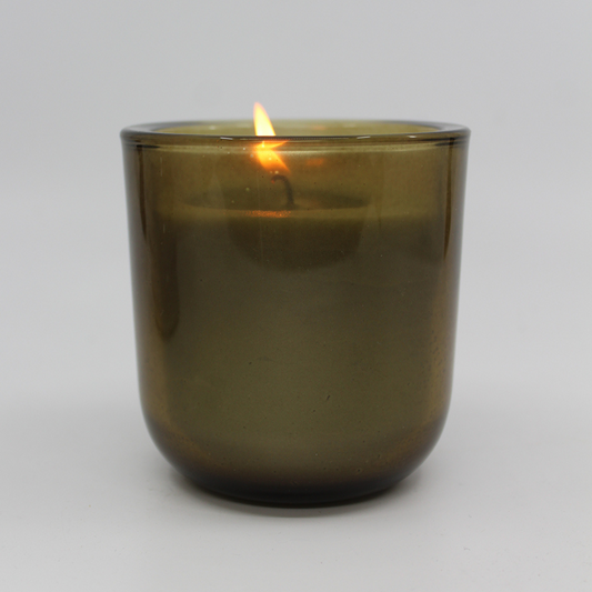 Coloured Glass Candle - Limited Edition from Francalia in green, pictured alight on a white background - Stocked at LOVINLIFE Co Byron Bay for all your gifts, candles and interior decorating needs