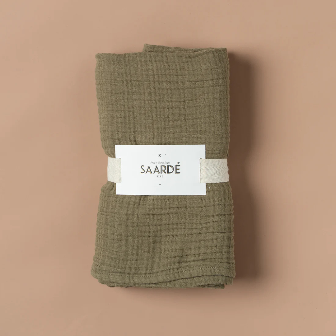 Crinkle Baby Blanket - Olive - pictured folded and in packaging - Stocked at LOVINLIFE Co Byron Bay for all your gifts, candles and interior decorating needs