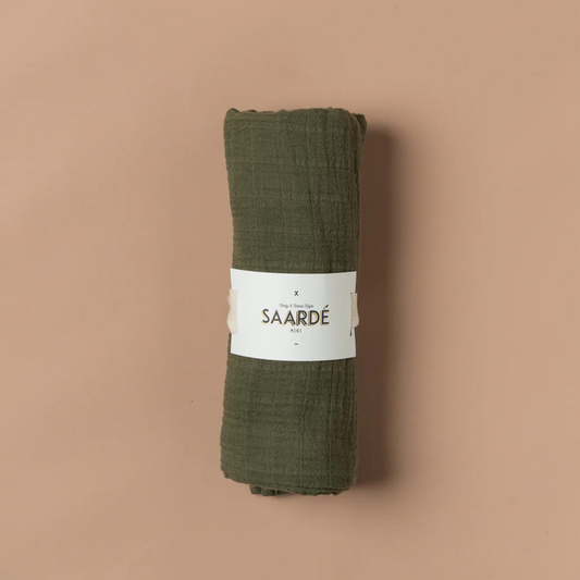 Crinkle Baby Wrap Blanket - Olive colour - pictured folded and in packaging - Stocked at LOVINLIFE Co Byron Bay for all your gifts, candles and interior decorating needs