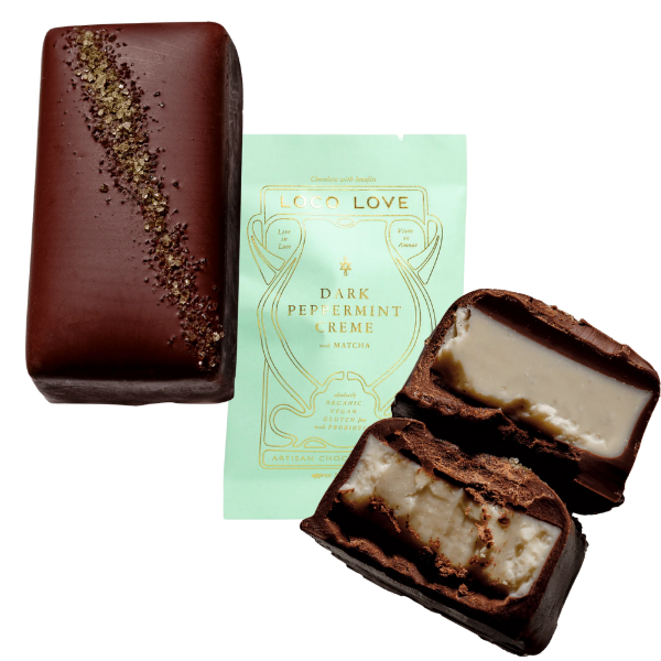 Images shows unwrapped and wrapped (light blue/green) Loco Love Dark Peppermint Creme Chocolates. Vegan, gluten-free, sustainably sourced and no refined sugars. 
Available LOVINLIFE Co Byron Bay.