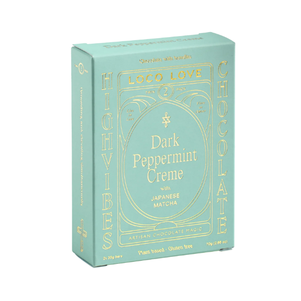 Light Blue box of Loco Love chocolate with gold text for Dark Peppermint Creme. Vegan, gluten-free, sustainably sourced and no refined sugars. Each box contains 2 x chocolates.
Available LOVINLIFE Co Byron Bay.