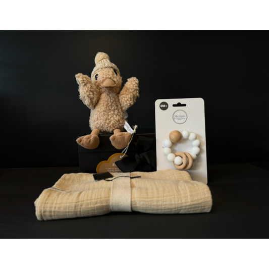 Deluxe Baby Gift Box containing Stuffed Soft Toy Duck, Sand coloured Muslin Baby Wrap and a ring Teether made of Silicone and natural wood beads. Available at LOVINLIFE Co Byron Bay