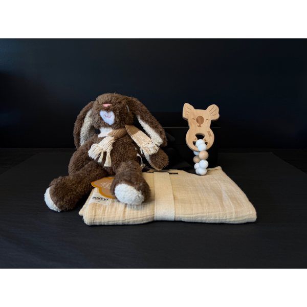 Deluxe Baby Gift Box containing Stuffed Soft Toy Rabbit, Sand coloured Muslin Baby Wrap and a Koala Teether made of Silicone and natural wood beads. Available at LOVINLIFE Co Byron Bay