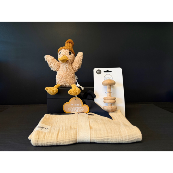 Deluxe Baby Gift Box containing Stuffed Soft Toy Duck, Sand coloured Muslin Baby Wrap and a rattle Teether made of natural wood. Available at LOVINLIFE Co Byron Bay