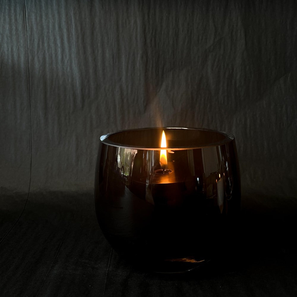 Droplet Vase and Candle Holder or Lantern - Bronze with black candle pictured from side - 12cm - Polish Glassware range from Francalia - Tabletop Candle Holders - available at LOVINLIFE Co Byron Bay for all your gifts, candles and interior decorating needs