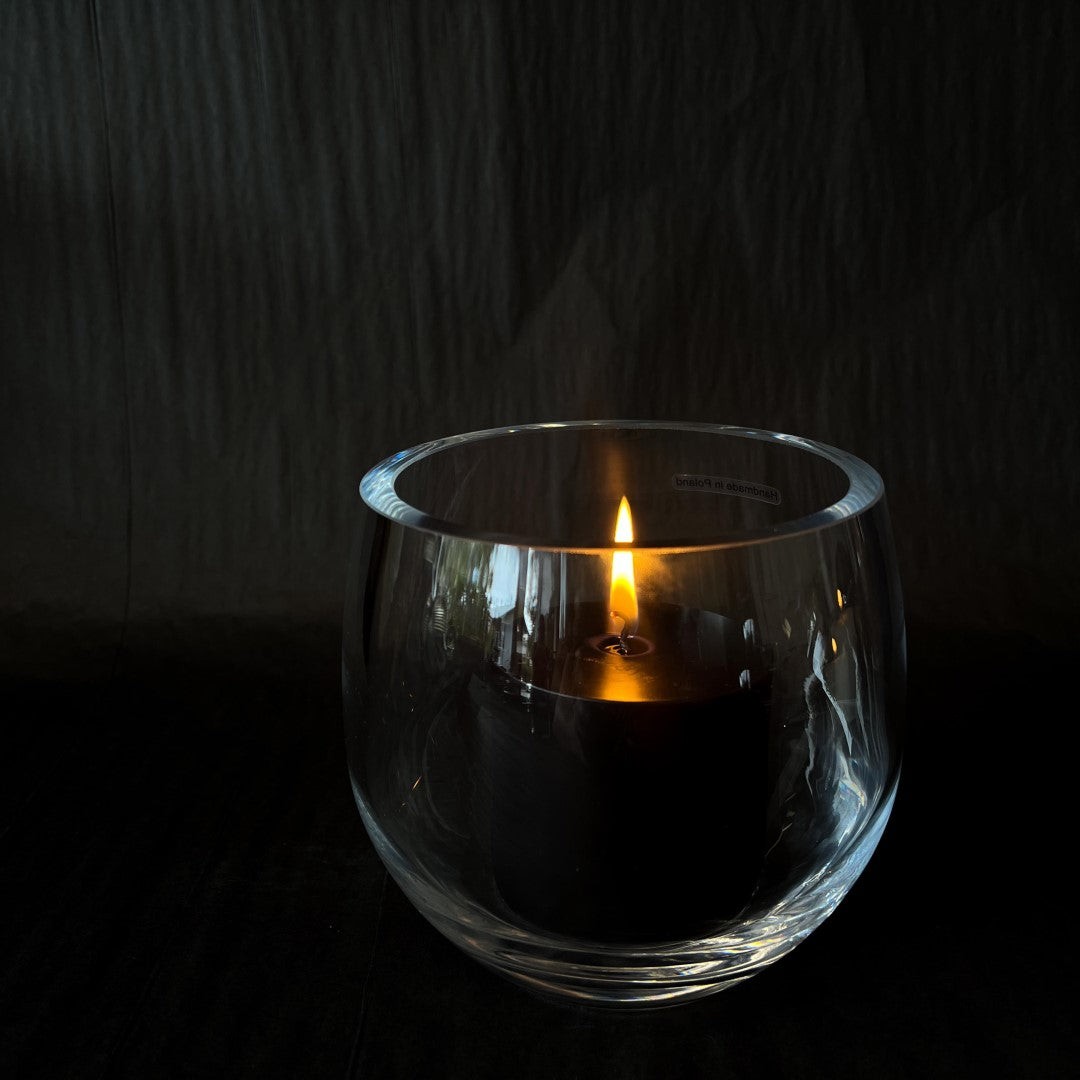 Droplet Vase and Candle Holder or Lantern - Clear with black candle pictured from side - 12cm - Polish Glassware range from Francalia - Tabletop Candle Holders - available at LOVINLIFE Co Byron Bay for all your gifts, candles and interior decorating needs