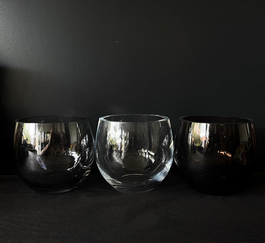 Droplet Vase and Candle Holder or Lantern - Lustre Black, Clear and Bronze pictured in a line from side - 12cm - Polish Glassware range from Francalia - Tabletop Candle Holders - available at LOVINLIFE Co Byron Bay for all your gifts, candles and interior decorating needs