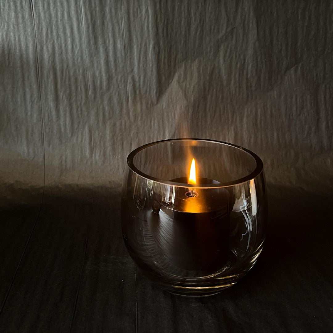 Droplet Vase and Candle Holder or Lantern - Lustre Black with black candle pictured from side - 12cm - Polish Glassware range from Francalia - Tabletop Candle Holders - available at LOVINLIFE Co Byron Bay for all your gifts, candles and interior decorating needs