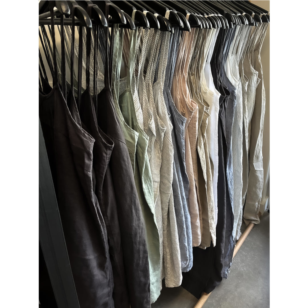 Versatile French Linen Slip Dresses, maxi and short lengths, by Miss Molly on display at LOVINLIFE Co Byron Bay for all your gifts, candles and interior decorating needs