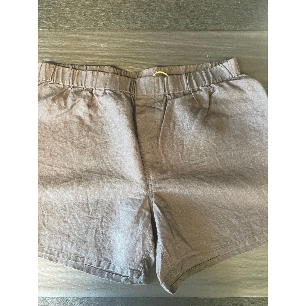 French flax linen unisex boxer shorts, loose, comfy and playful for men and women of all shapes and sizes - Available in 5 colours: White, Pinstripe, Natural, Navy & Charcoal – Natural linen boxer shorts pictured in a flat lay - available at LOVINLIFE Co Byron Bay for all your gifts, candles and interior decorating needs