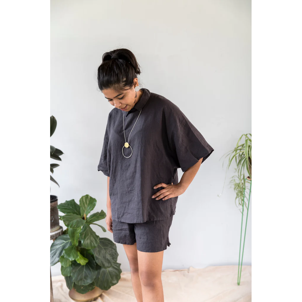 French flax linen unisex boxer shorts, loose, comfy and playful for men and women of all shapes and sizes - Available in 5 colours: White, Pinstripe, Natural, Navy & Charcoal – Navy linen boxer shorts pictured on a woman - available at LOVINLIFE Co Byron Bay for all your gifts, candles and interior decorating needs