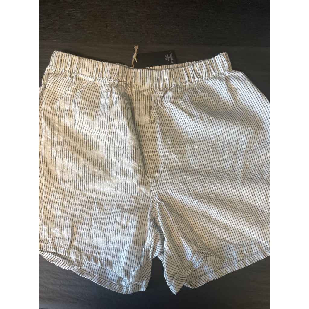 French flax linen unisex boxer shorts, loose, comfy and playful for men and women of all shapes and sizes - Available in 5 colours: White, Pinstripe, Natural, Navy & Charcoal – Pinstripe linen boxer shorts pictured in a flat lay - available at LOVINLIFE Co Byron Bay for all your gifts, candles and interior decorating needs