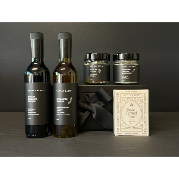 Gourmet Pantry Gift Box containing Extra Virgin Olive Oil, Balsamic Vinegar, Chilli Margarita Salt, Dried Lime Slices and a twin box of Loco Love Chocolates. Available at LOVINLIFE Co Byron Bay