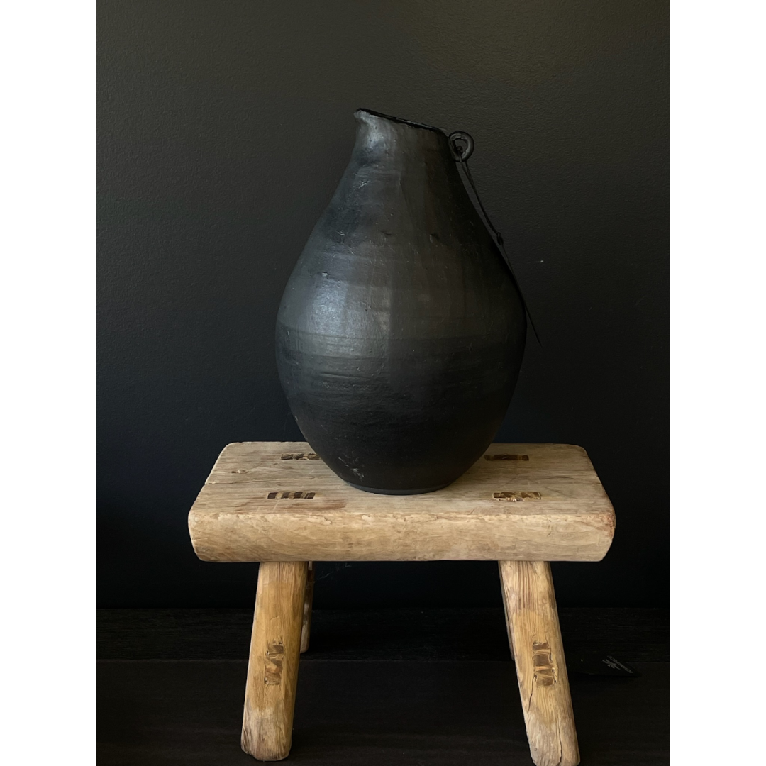 Lovinlife Co ByronBay - Handmade Ceramics Range - Tiny Handles Vessels by MC STUDIO CERAMICS - Volcanic Black clay ceramic Carafe/jug with tiny handles, large vessel or jug pictured on wooden stool - available at LOVINLIFE Co Byron Bay for all your gifts, candles and interior decorating needs