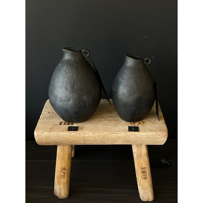 Lovinlife Co ByronBay - Handmade Ceramics Range - Tiny Handles Vessels by MC STUDIO CERAMICS - Volcanic Black clay ceramic Carafe/jug with tiny handles, little guy's #1 and #2 pictured side by side on wooden stool - available at LOVINLIFE Co Byron Bay for all your gifts, candles and interior decorating needs