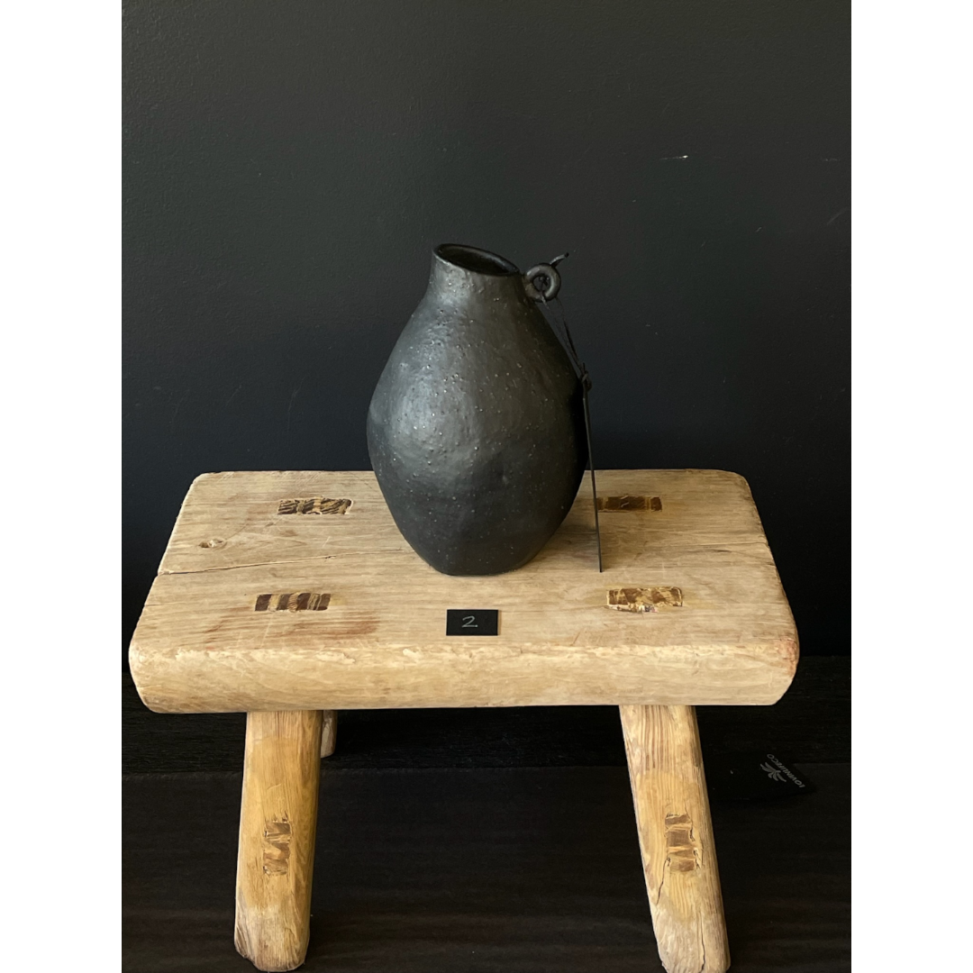 Lovinlife Co ByronBay - Handmade Ceramics Range - Tiny Handles Vessels by MC STUDIO CERAMICS - Volcanic Black clay ceramic Carafe/jug with tiny handles, little guy #2 pictured on wooden stool - available at LOVINLIFE Co Byron Bay for all your gifts, candles and interior decorating needs